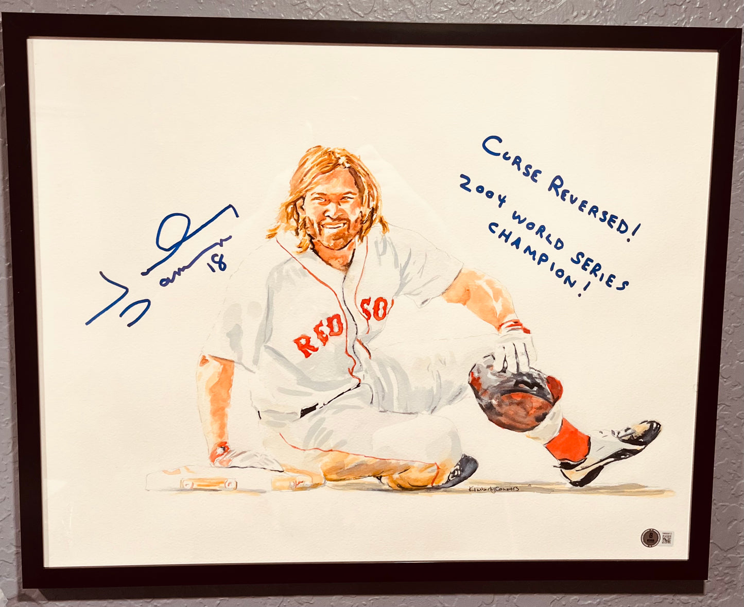 Johnny Damon Autographed Original Artwork 16x20 Inscribed "Curse Reversed" and "2004 World Champion" Beckett Authentication ARTWORK BY KIMBERLY CONNORS