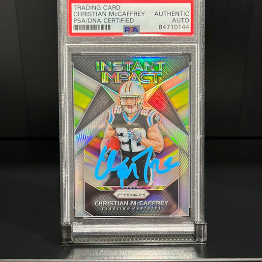 Christian McCaffrey Autographed 2017 Panini Instant Impact Silver Rookie Trading Card #6 Authentic Auto PSA