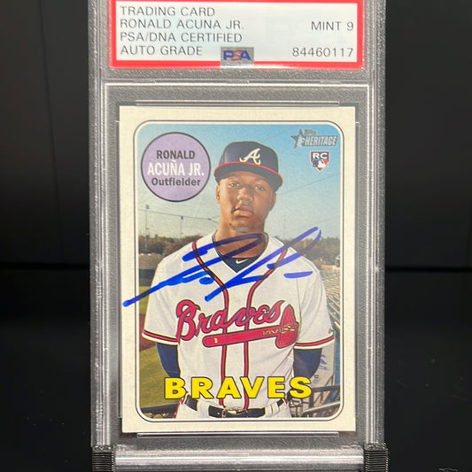 Ronald Acuna Jr Autographed 2018 Topps Heritage Rookie Trading Card #580 Braves MINT 9 PSA