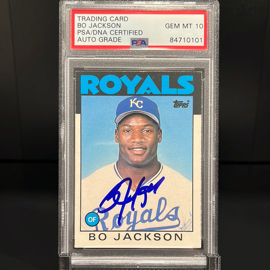 Bo Jackson Autographed 1986 Topps Baseball Rookie Trading Card #50T Royals GEM 10 MINT PSA