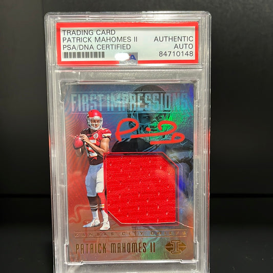 Patrick Mahomes II Autographed 2017 Panini First Impressions Rookie Patch Trading Card #FI-PM Authentic Auto PSA