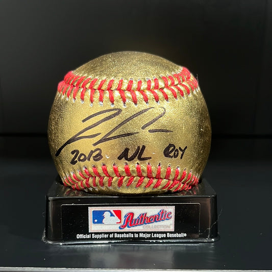 Ronald Acuna Jr Autographed Gold Major League Baseball w/ "2018 NL ROY" Inscription BAS